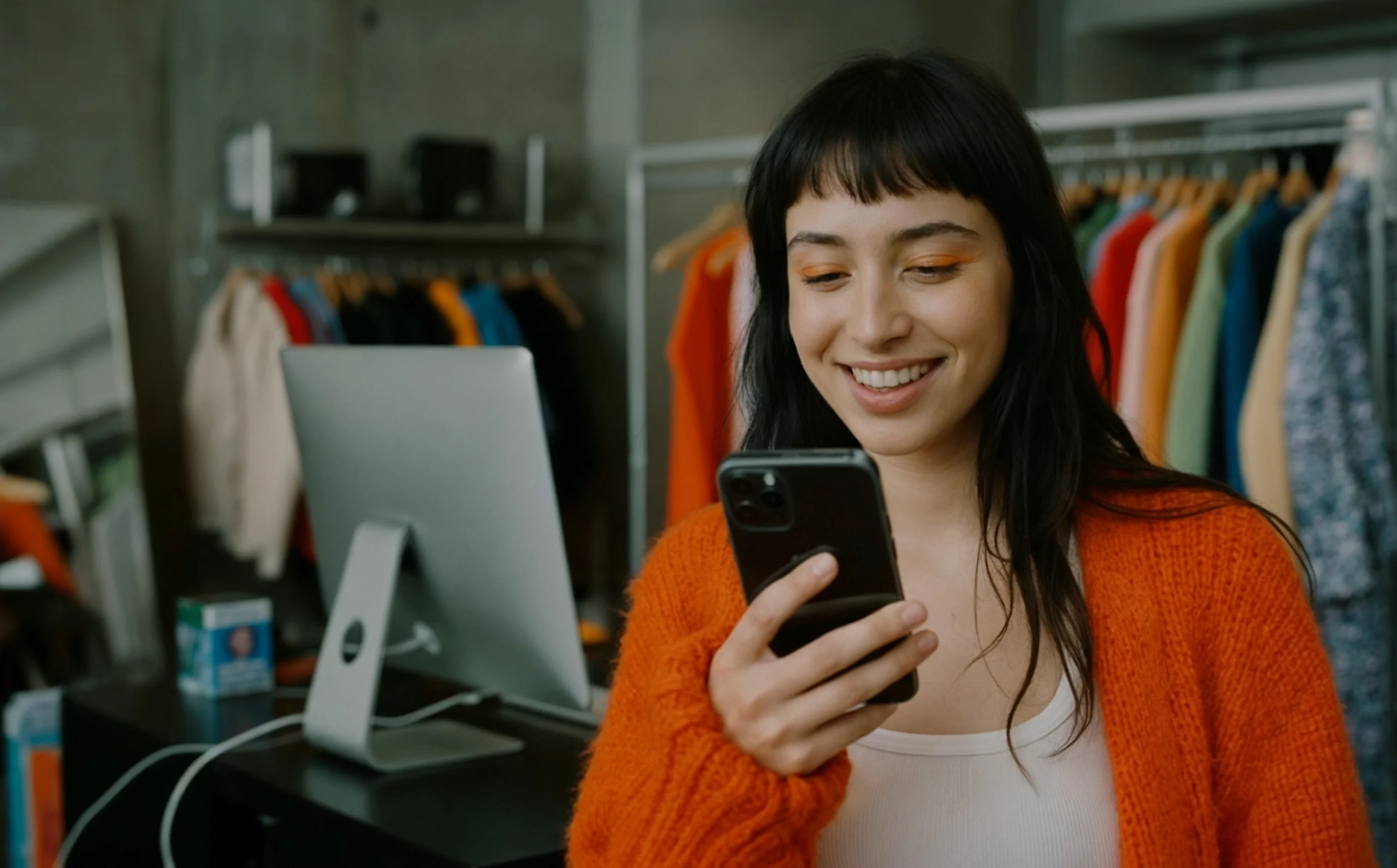 Mulher sorrindo em uma loja de roupas enquanto mexe no celular