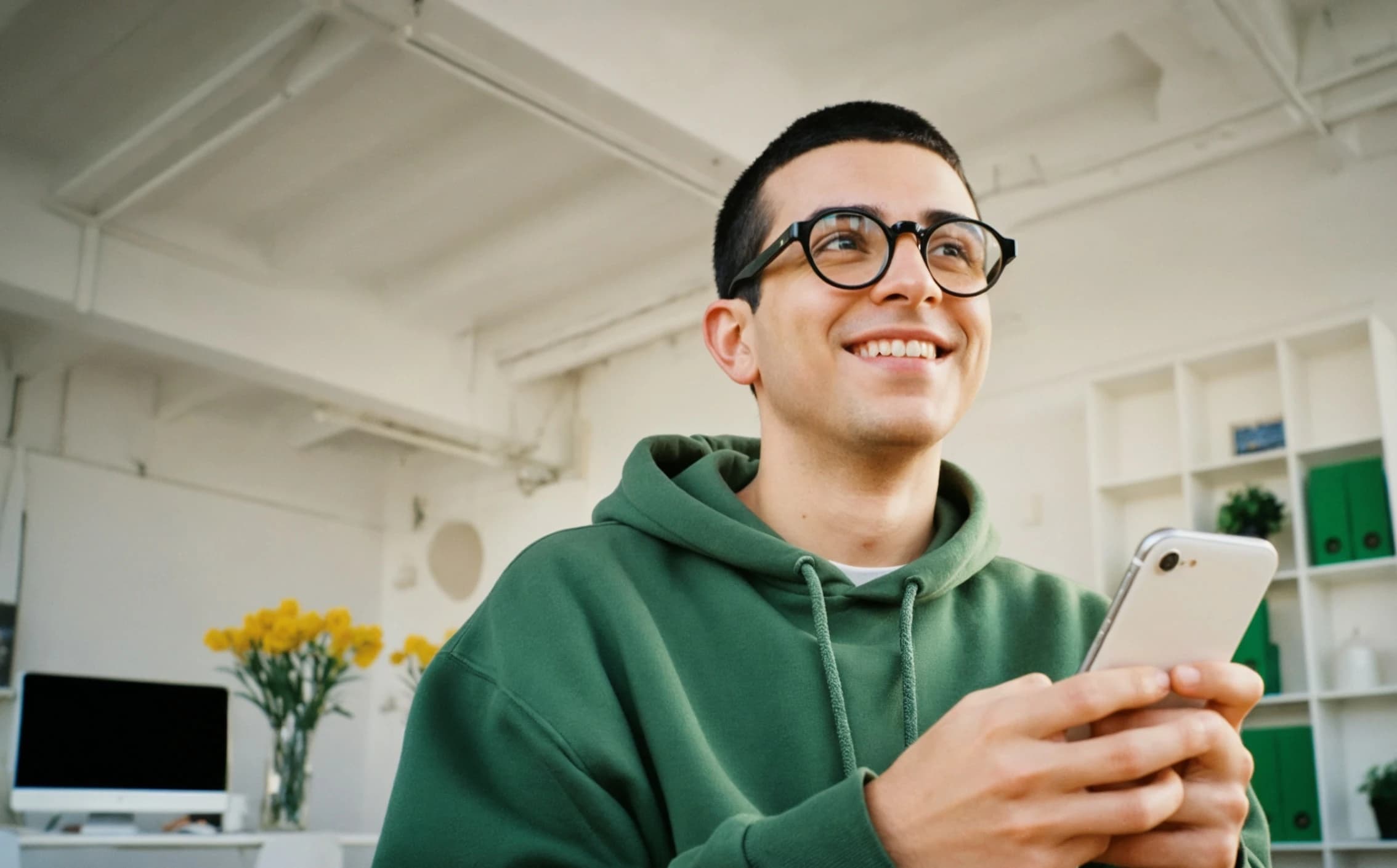 Homem sorrindo enquanto responde mensagens no celular