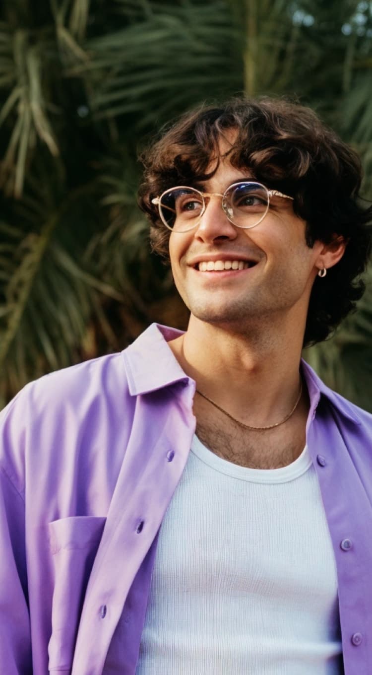 Criador de conteúdo sorrindo ao lado de uma palmeira