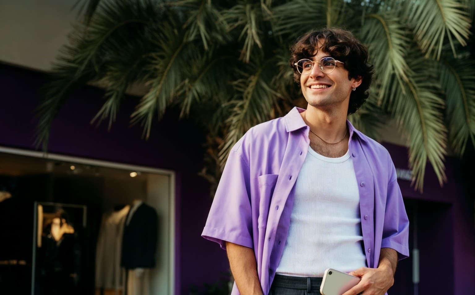Criador de conteúdo sorrindo ao lado de uma palmeira